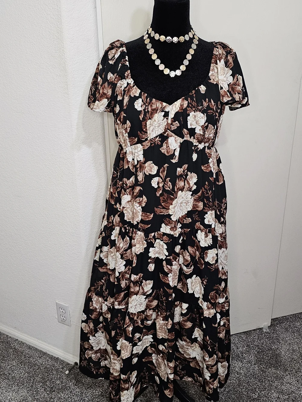 Abercrombie & Fitch Black Maxi Dress with Brown & Cream Floral Print